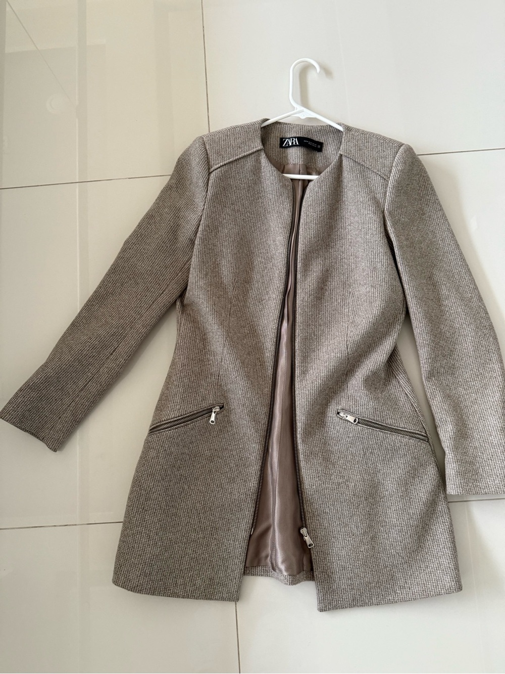 Zara Collarless Longline Knit Jacket in Taupe